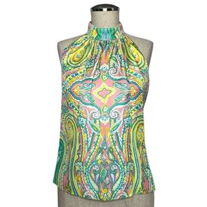 J. McLaughlin Paisley Print Silk High Neck Blouse Size 8